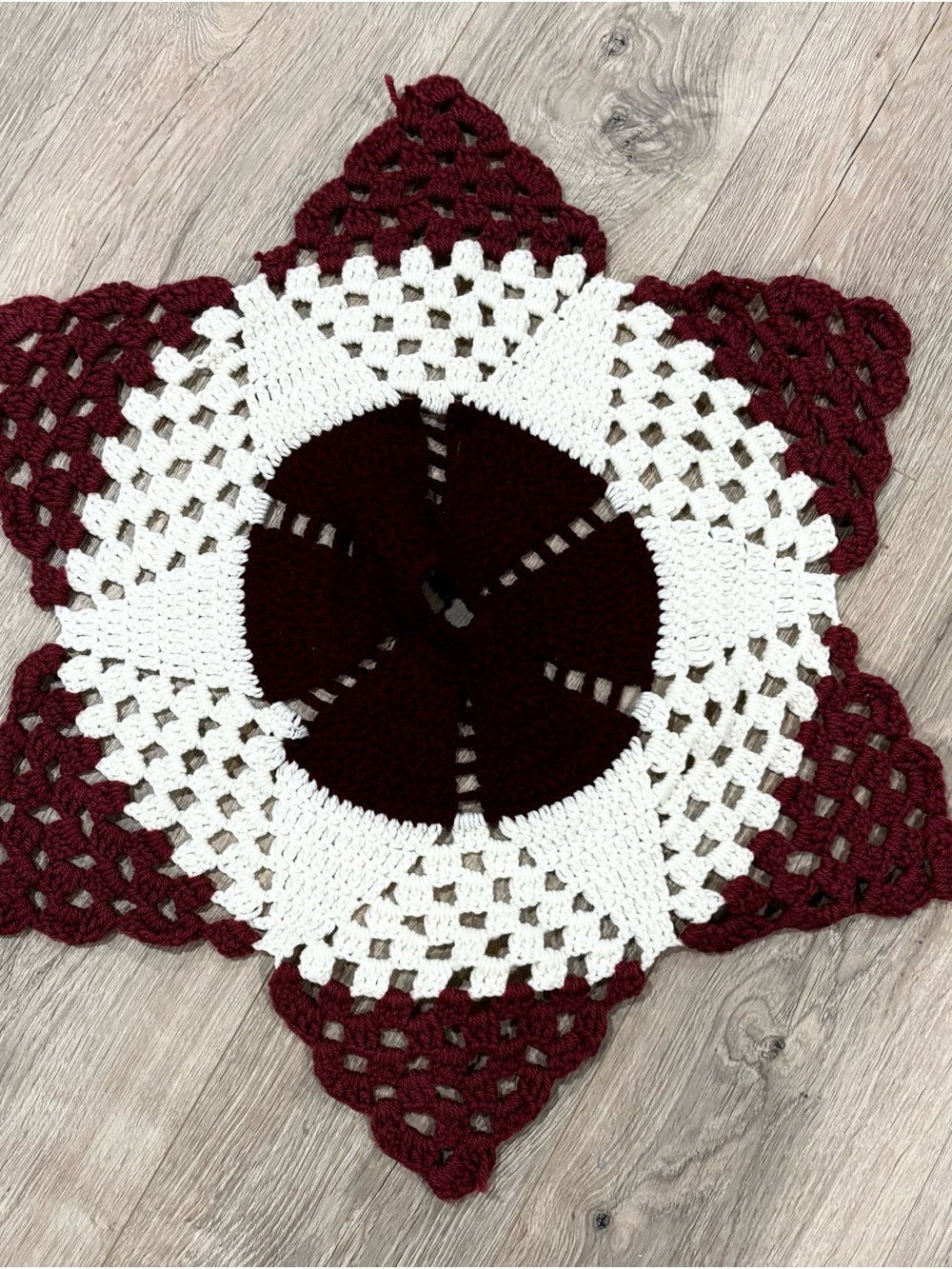 Handmade Crochet Star Doily in Burgundy and Cream
